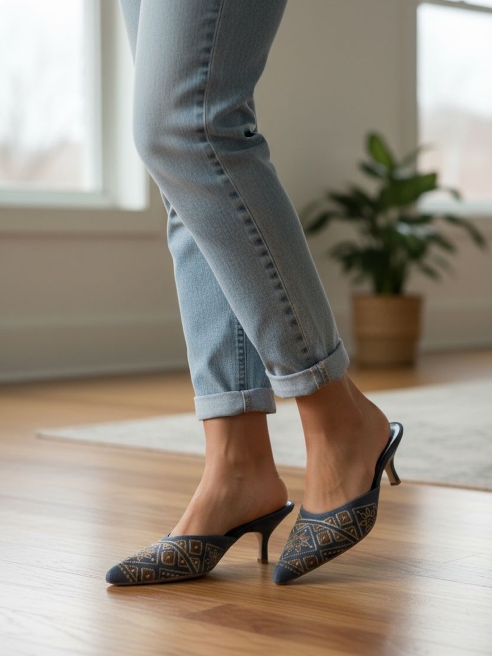 Embroidered Pointed-Toe Mule Heels in Navy